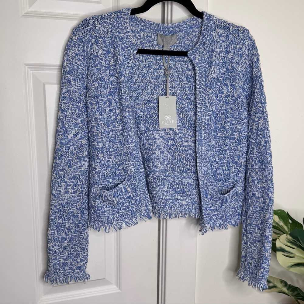 NWT Pure Collection Textured Cotton Knitted Cardigan Blue - Picture 3 of 5